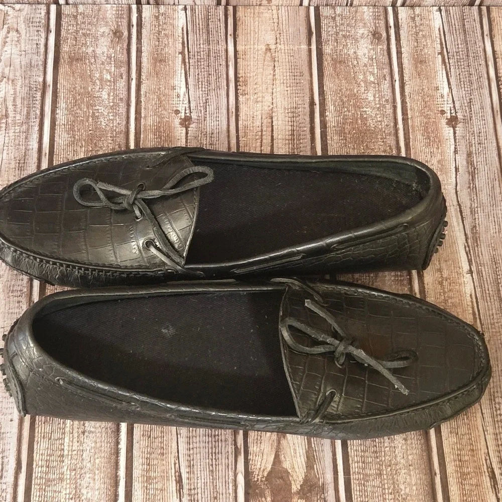 Sz 13 D Mens Cole Haan Gunnison Driver Black Croc Embossed Leather Loafers VGUC